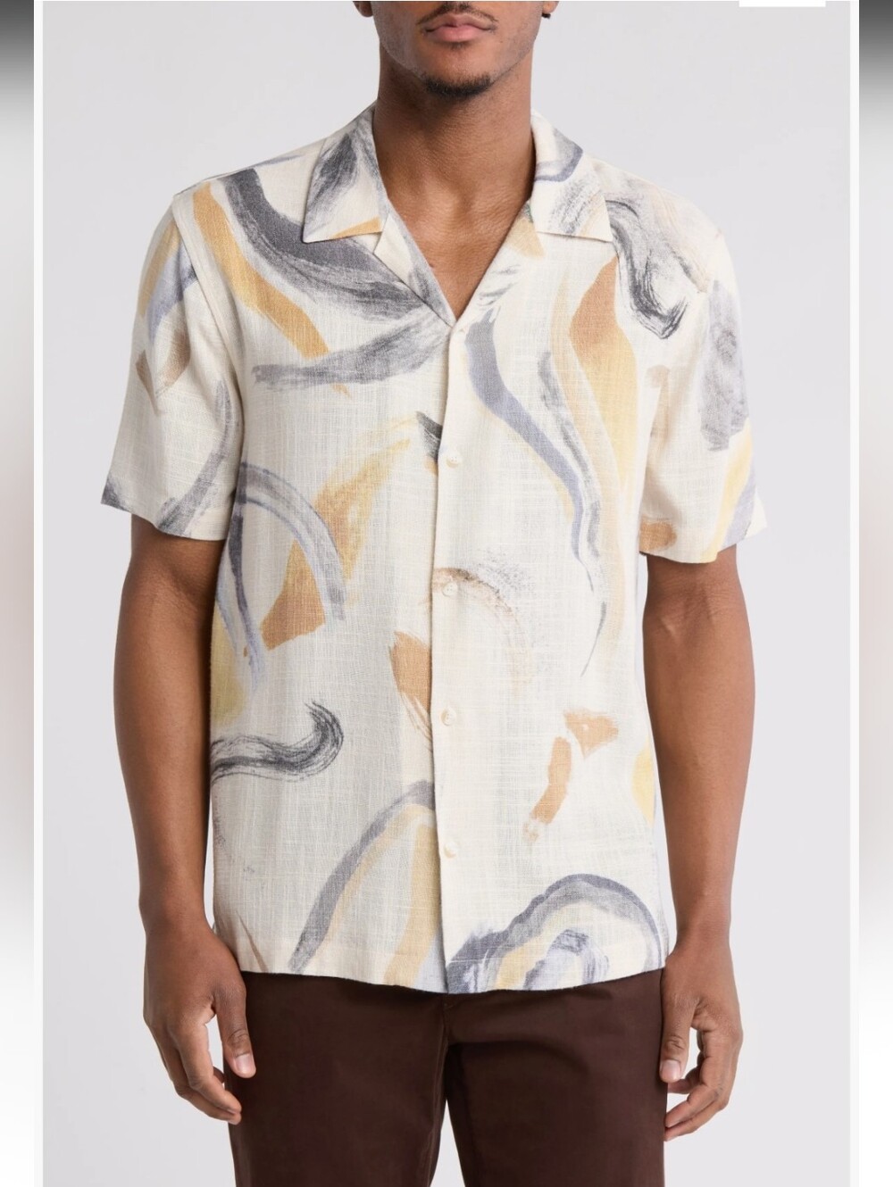 Jason Wu Mens Short-Sleeve Button-Down Shirt in Cream Abstract Print EUC
